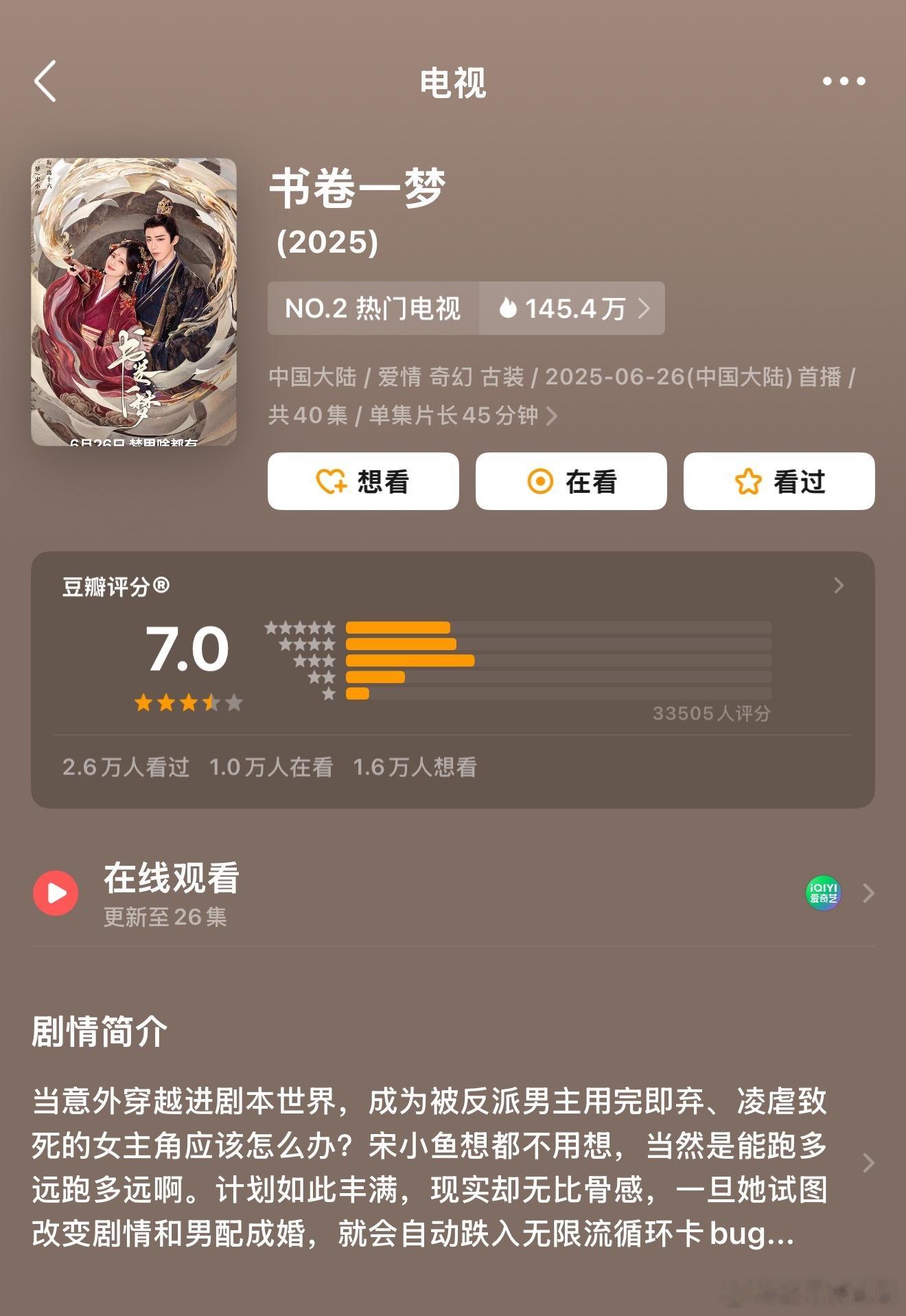 两部在播剧都开分了：《书卷一梦》超3.3万人打分7.0，《桃花映江山》超1万人打