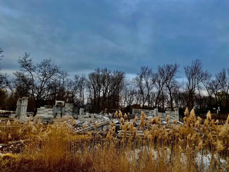画在景中走
圆明园四季景致各异，皆有独特之美。冬日雪花纷飞，威严的石狮傲然挺立，