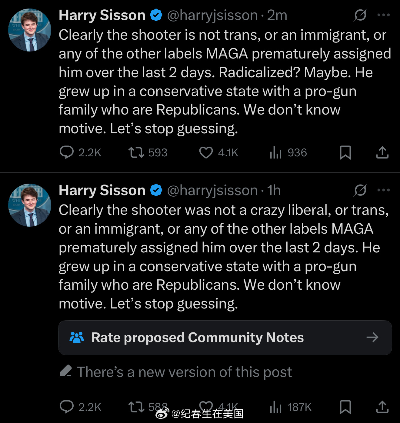 Harry Sisson稳妥起见删掉了原帖中的“crazy liberal”。[