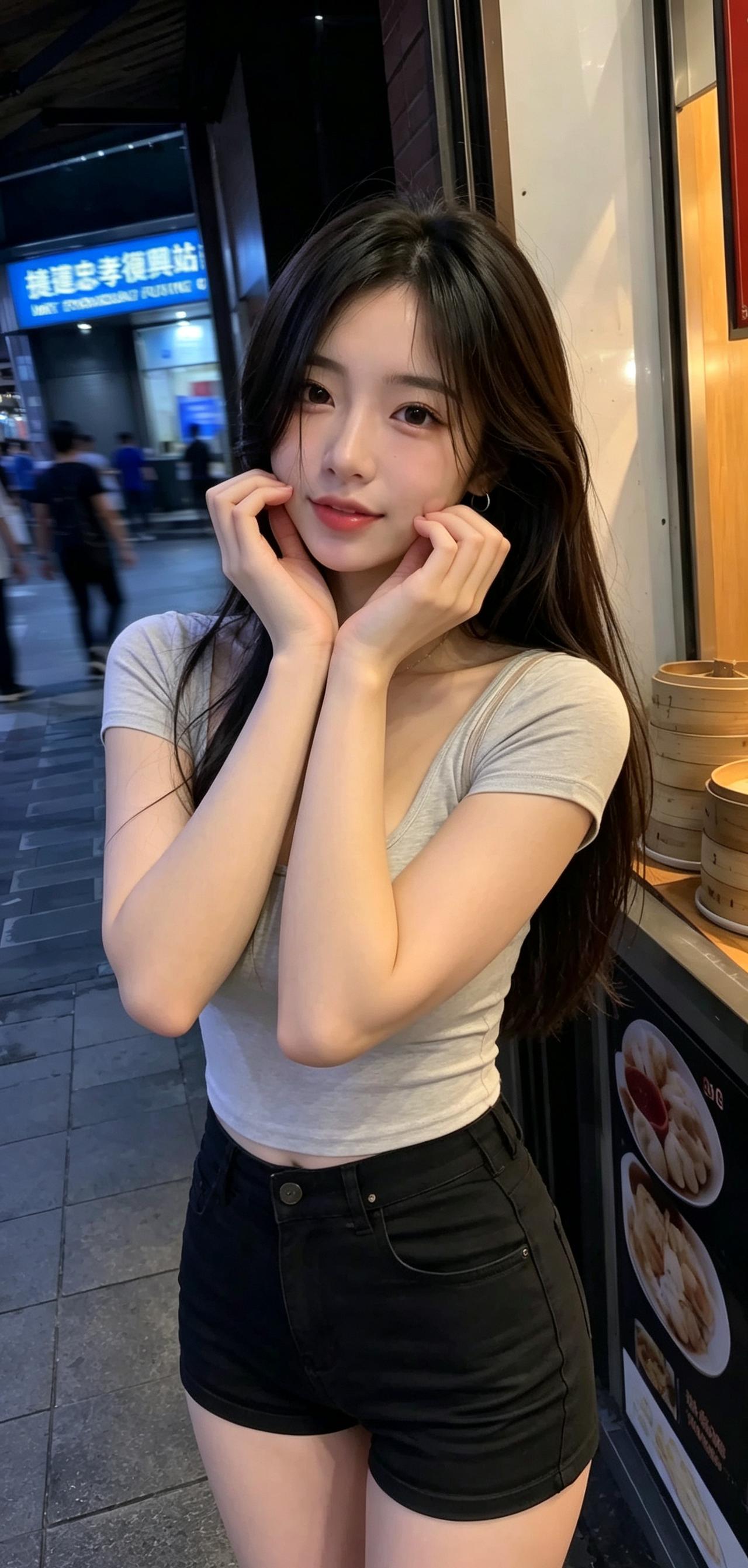 元气少女逛夜市，那简直是绝配！夜市的霓虹闪烁，像给少女披上了梦幻的纱衣，光碎在她