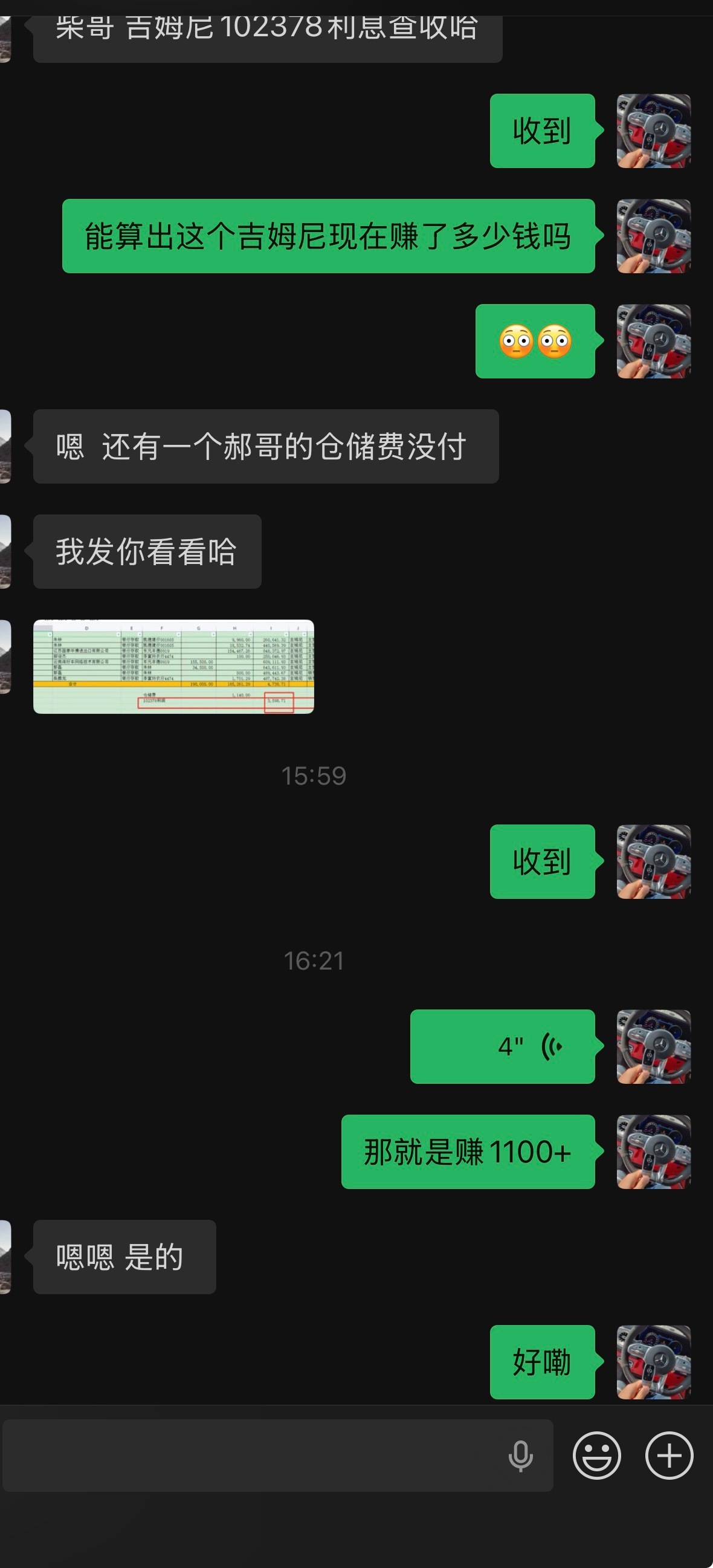 昨天卖了个吉姆尼，合计利润3500，三股平分， 人均利润1100+块钱还行，至少