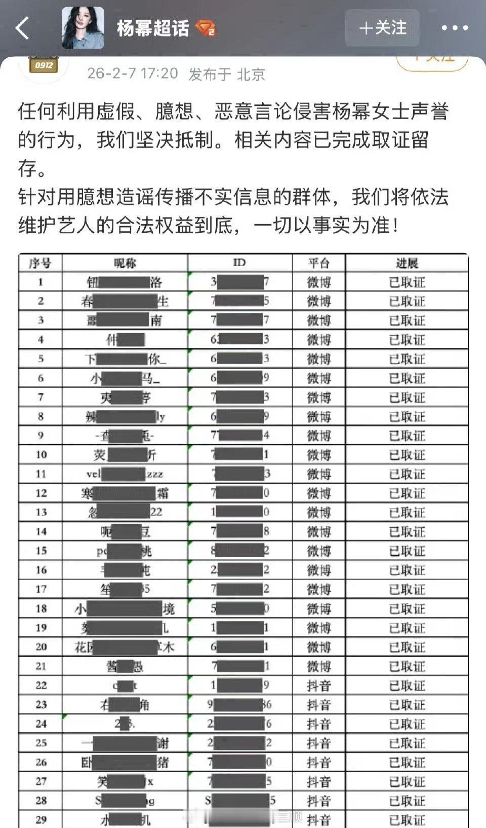 杨幂方公布全平台告嘿名单，支持维⭕ 