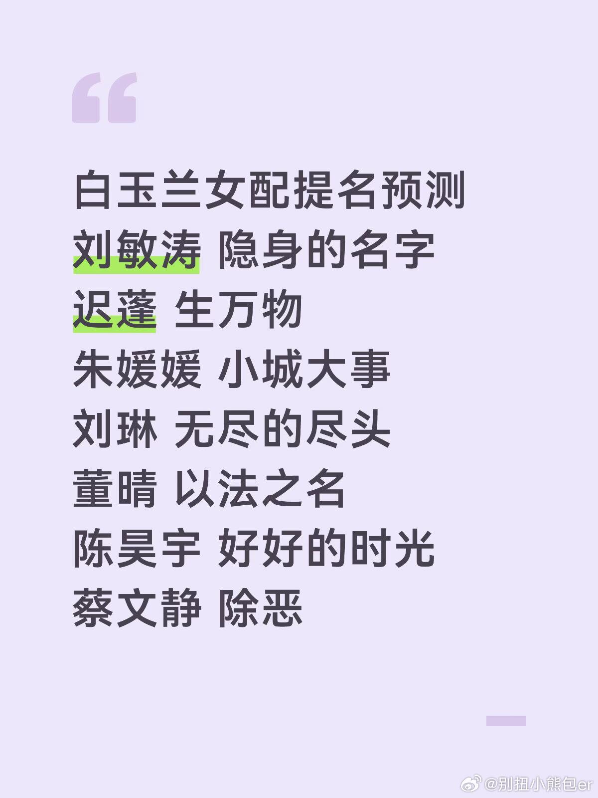 白玉兰2026白玉兰女配提名预测刘敏涛 隐身的名字迟蓬 生万物朱媛媛 小城大事刘