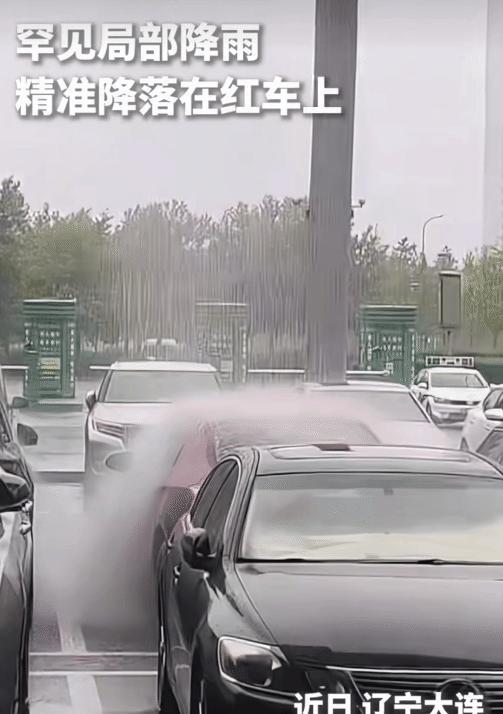 “太罕见了！”辽宁大连，局部降雨，没想到，精准降落在红车上。网友: 这也太“局部