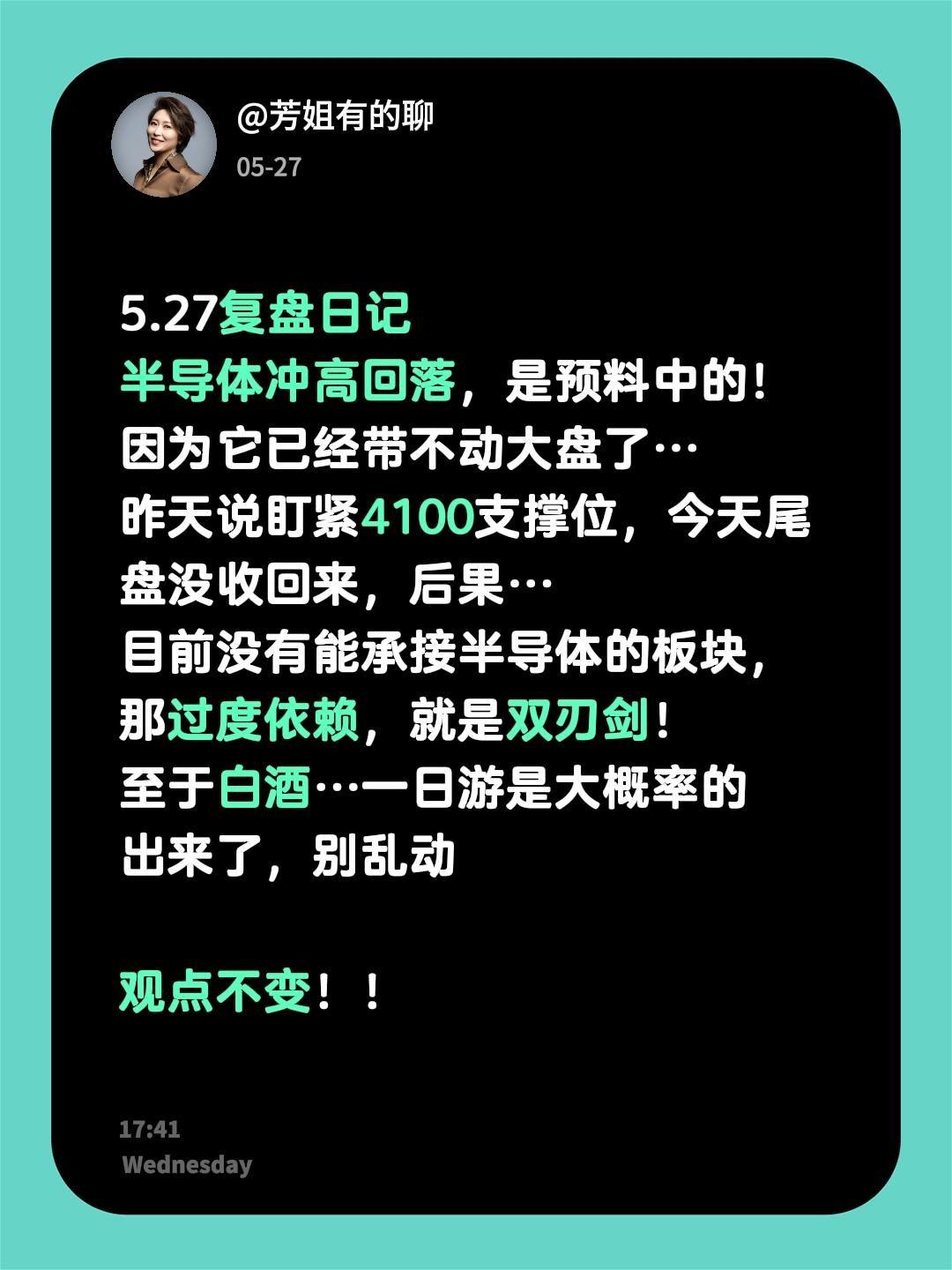 半导体冲高回落，是预料中的！因为它已经带不动大盘了…
昨天说盯紧4100支撑位，