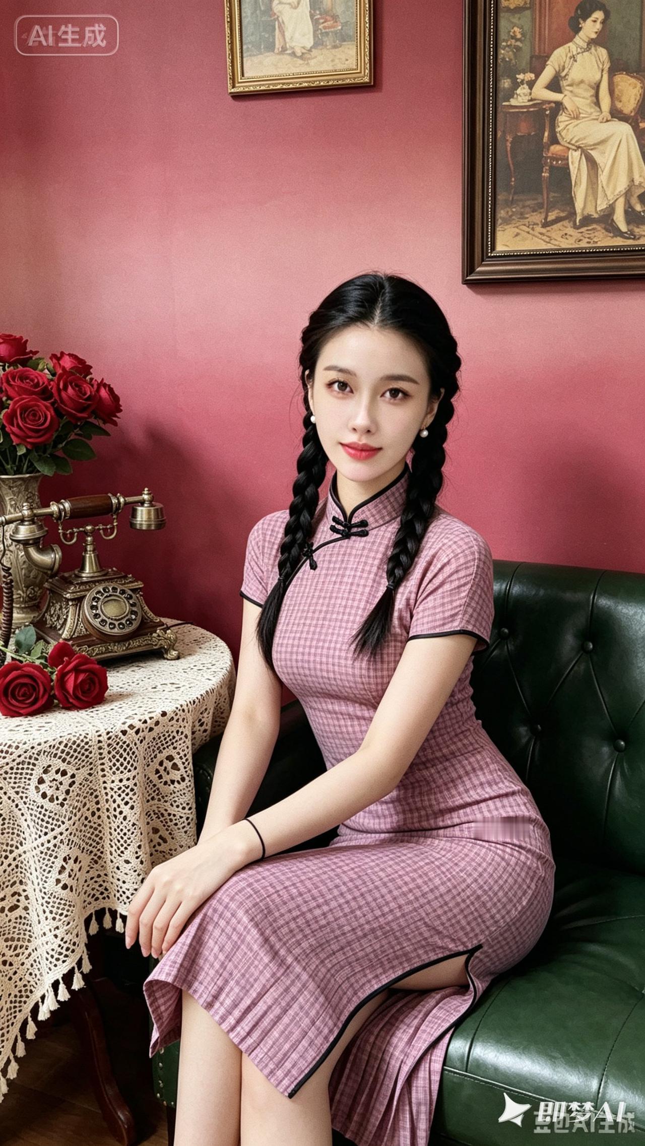 一个穿旗袍的姑娘坐在沙发上。