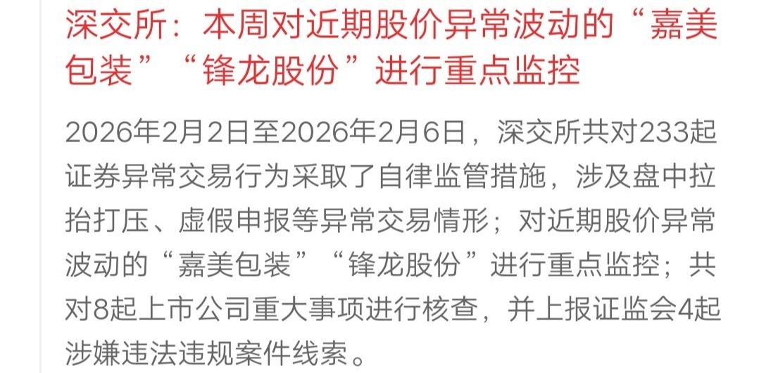 本周重点监控名单来了，沪深交易所发布，快看看有没有你的票。
深交所：本周对近期股