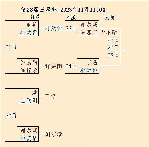 #围棋#速报：中国谢尔豪（击败中国许嘉阳）率先挺进25日开始的第28届三星杯决赛