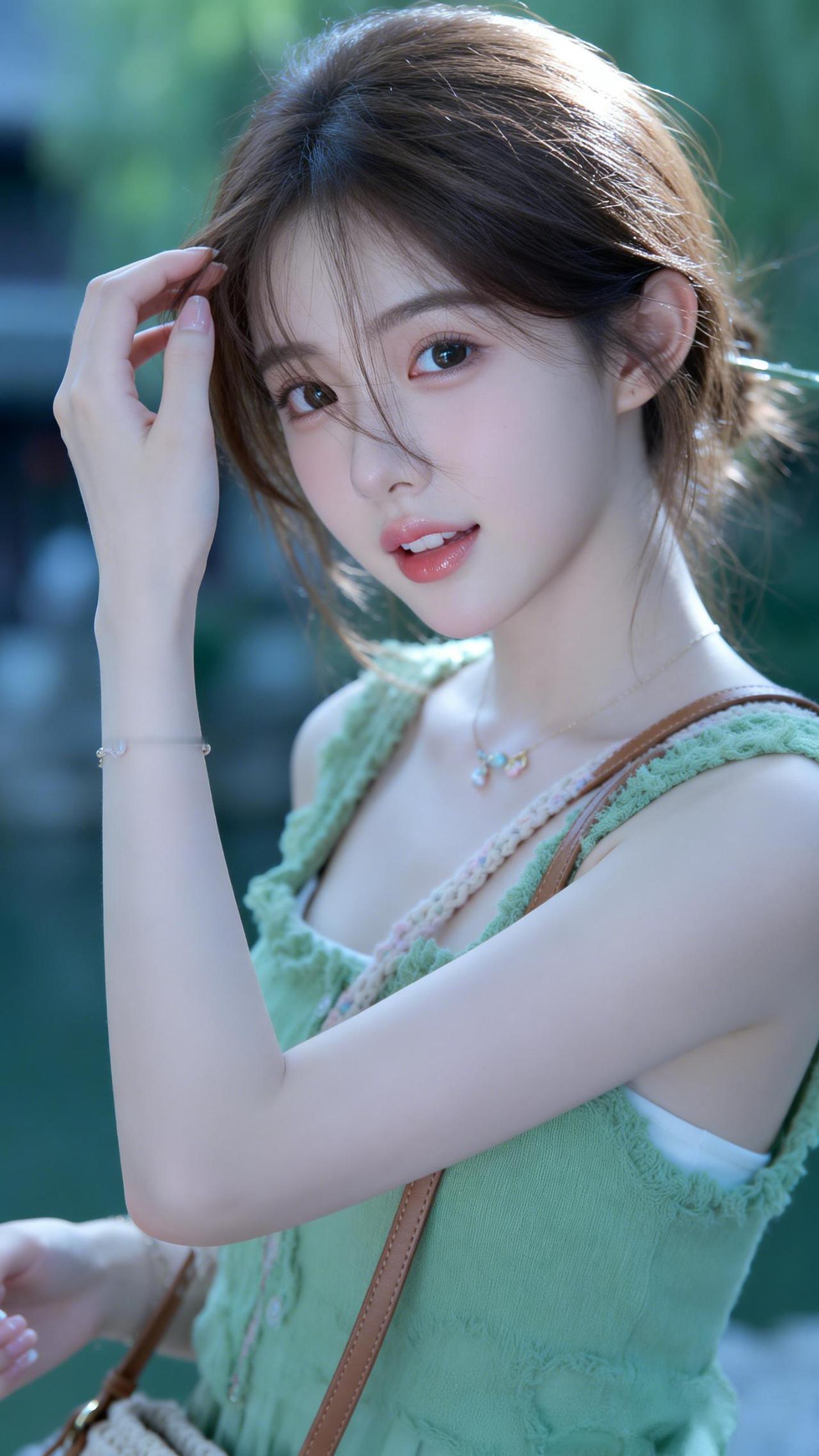 画面中是一位颜值极高的清甜系少女，五官精致立体，自带妈生感好底子。她留着蓬松的深