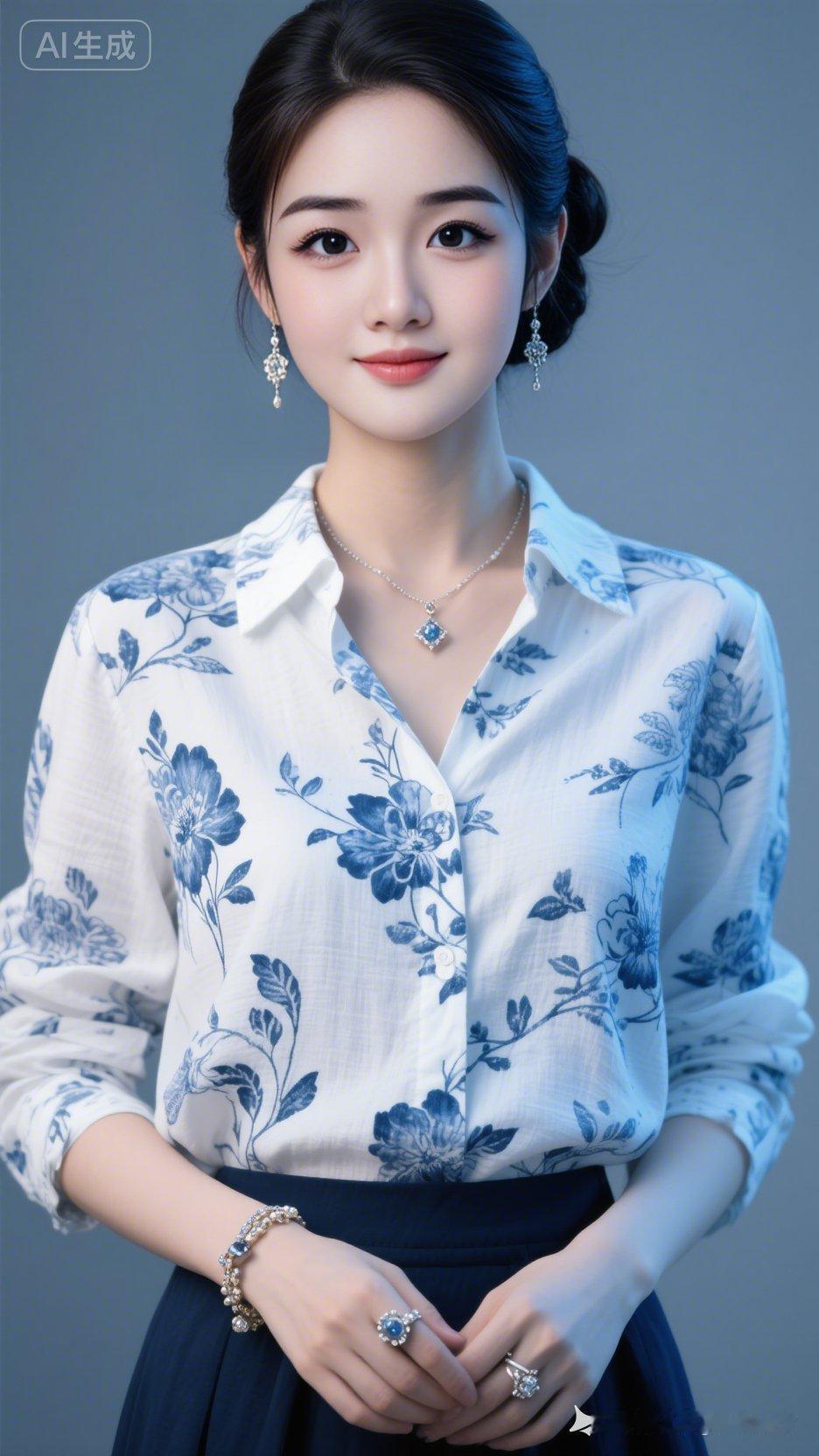 优雅蓝花白衬衫，清新自然，气质满满！🌸💎