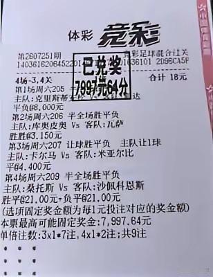 这绝对是个牛人，18元1倍投，竞彩足球混合过关，选择的是4场，3到4关。奖金差不