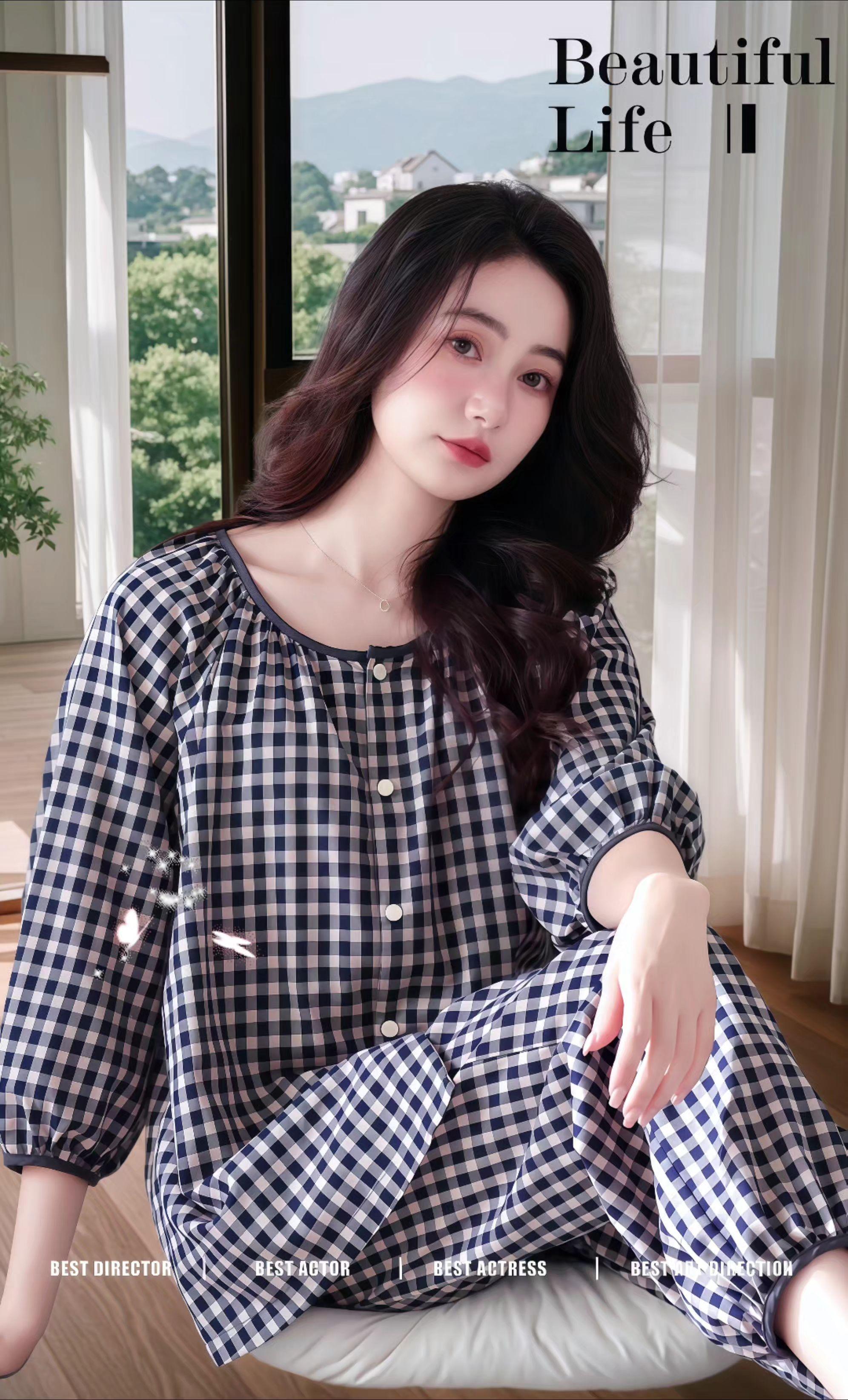 不愧是我熬夜选的睡衣套装！浪莎家这套黑白格纹家居服，就是我的春日慵懒秘...