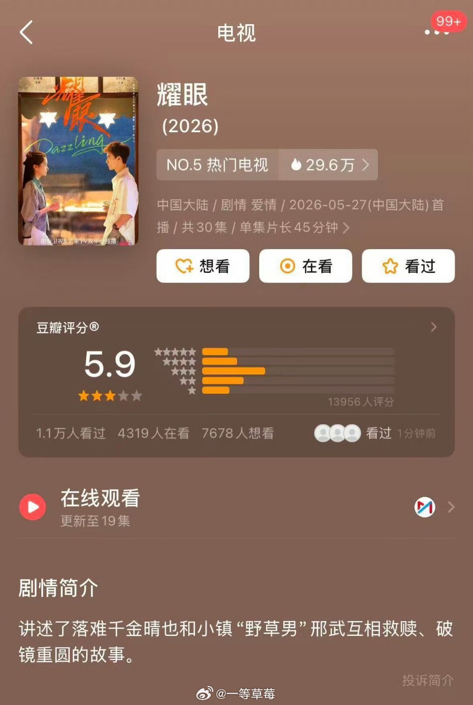 关晓彤、李昀锐《耀眼》豆瓣开分5.9