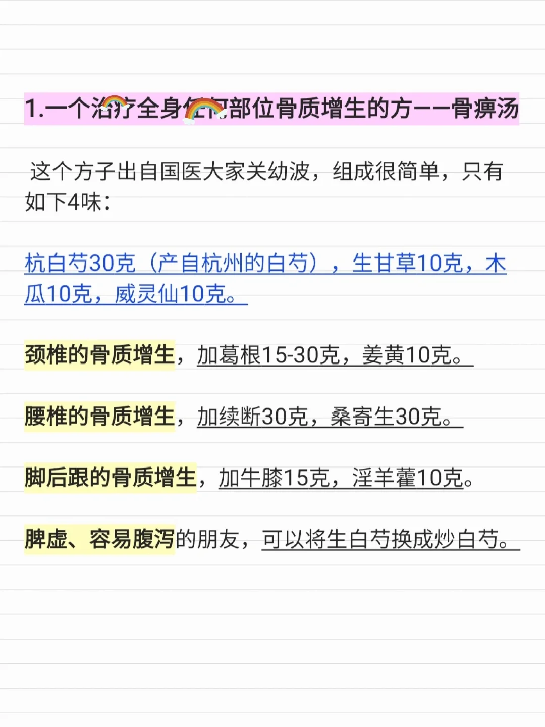 老中医四张各种骨质增生方，收集整理