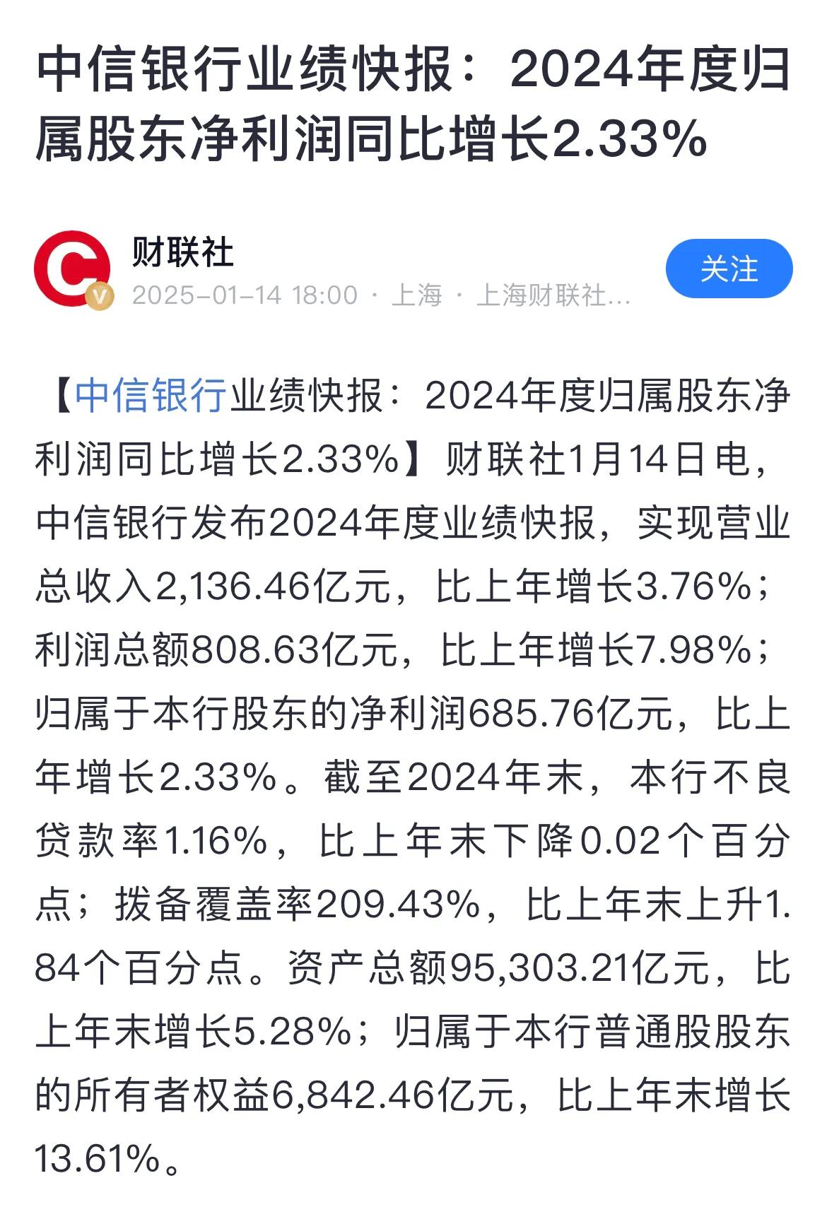 中信银行业绩快报：2024年度归属股东净利润同比增长2.33%！

中信转债3月