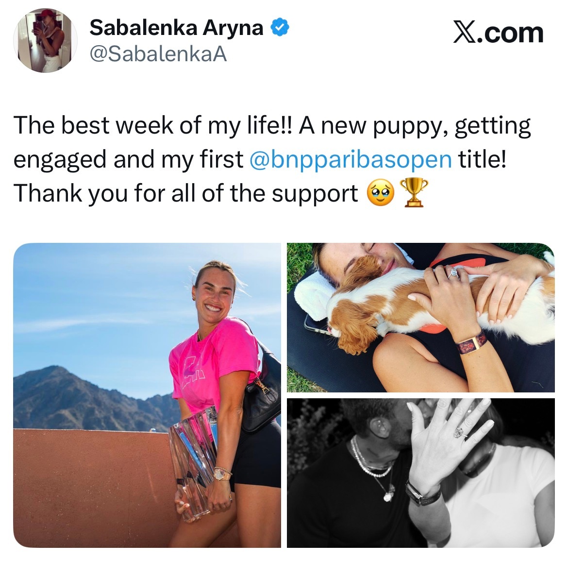 人生得意须尽欢，莫使金樽空对月。萨巴伦卡首夺印第安维尔斯冠军