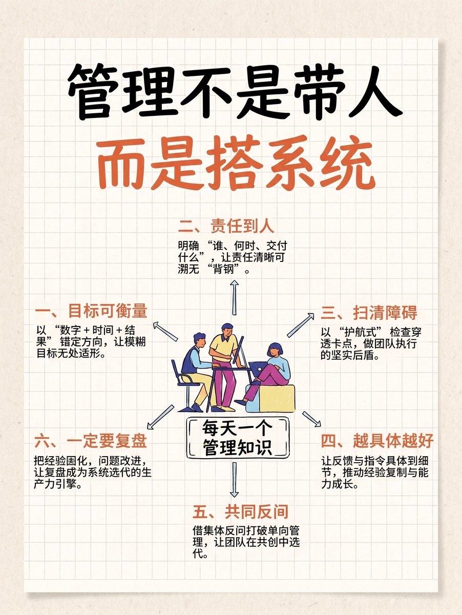 差的管理者盯人，好的管理者搭系统。

盯人，只会越来越累。
搭系统，团队才会越跑
