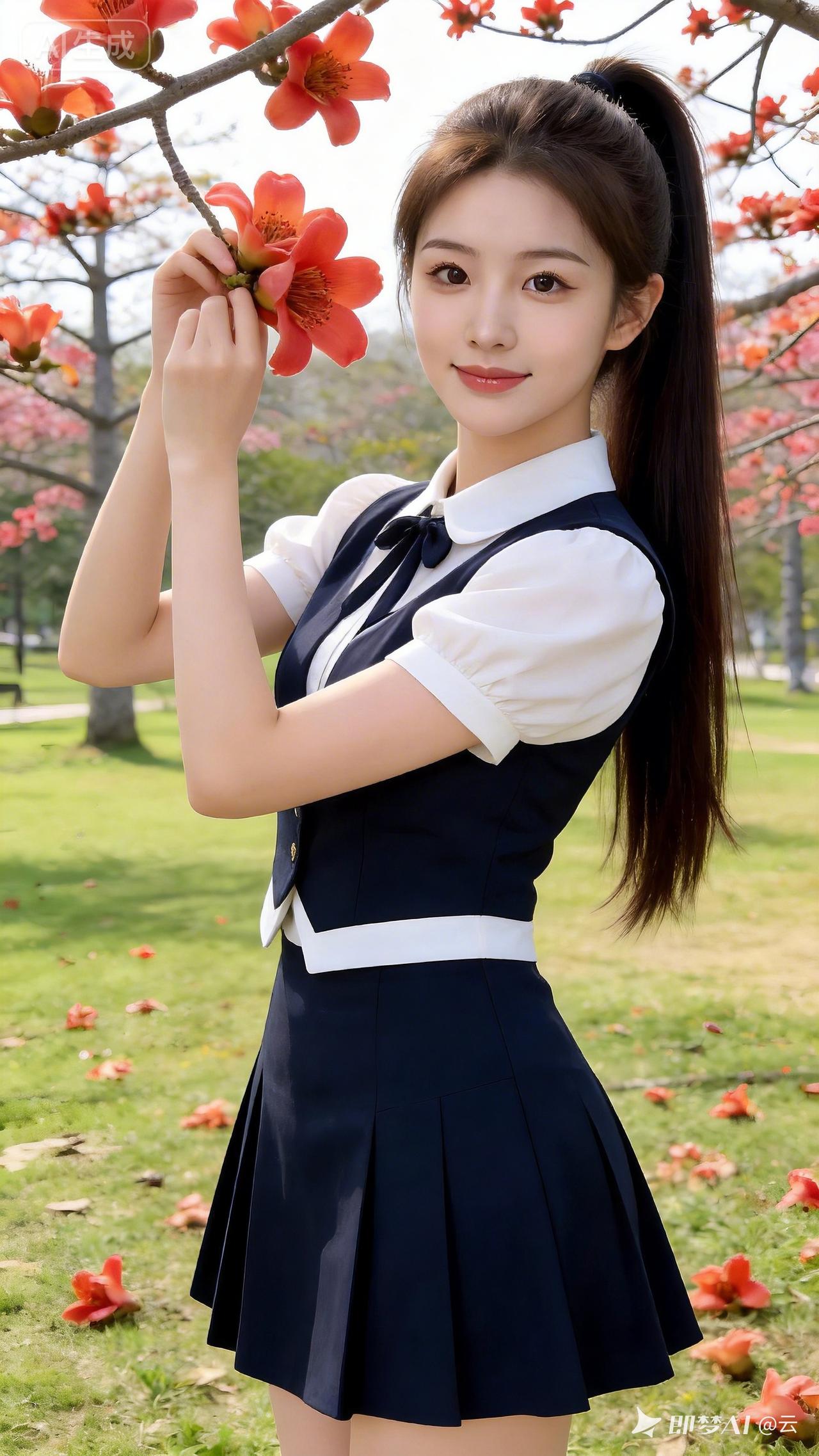 清透年轻纯欲系气质美女，冷白肌肤自带偶像感。高马尾长直发配淑女套裙，立于春日草地