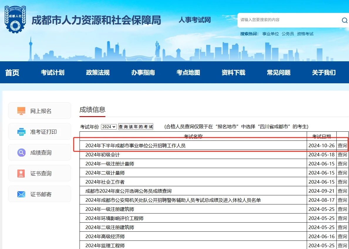 2024下成都事业单位笔试成绩已出