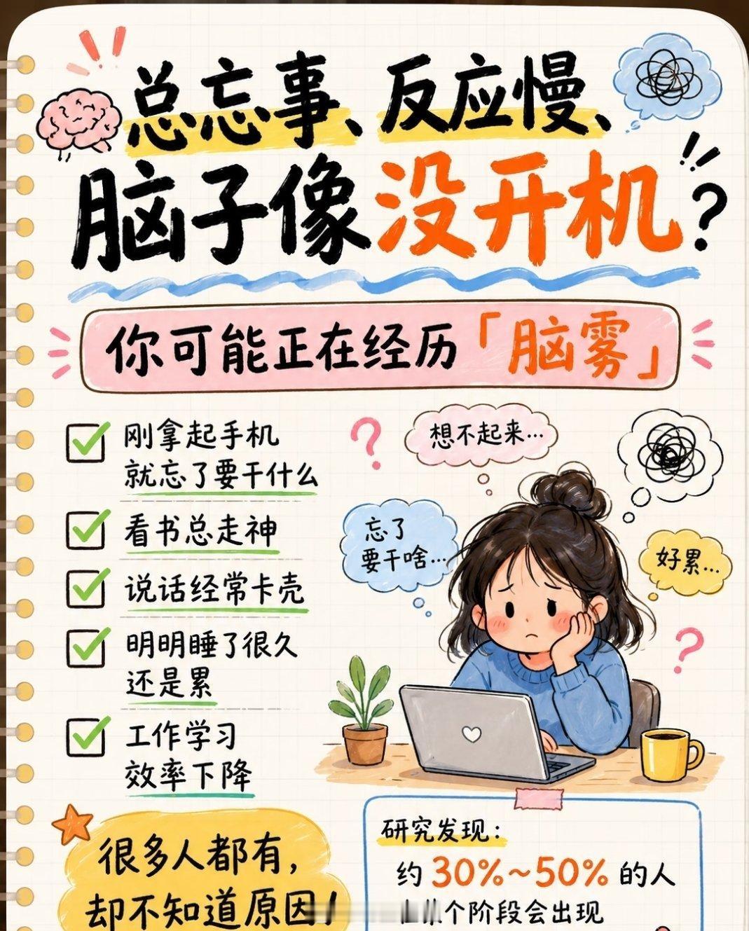你以为正常其实是脑雾的表现语言组织困难，说话卡壳；注意力难集中，听不进别人讲话；
