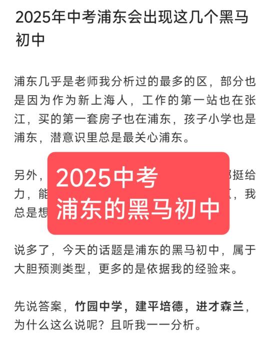 2025年中考浦东最有可能的黑马初中