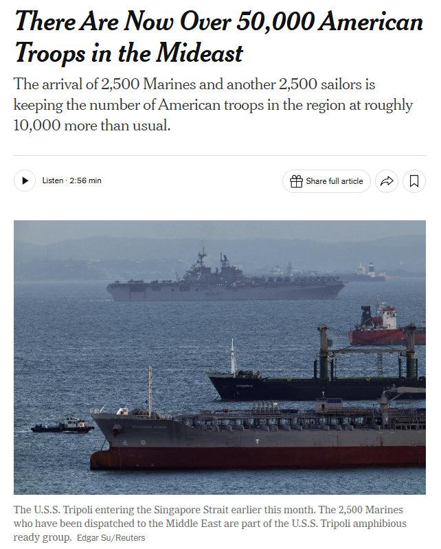 据《纽约时报》报道：随着的黎波里号两栖戒备群搭载2500名海军陆战队员和2500