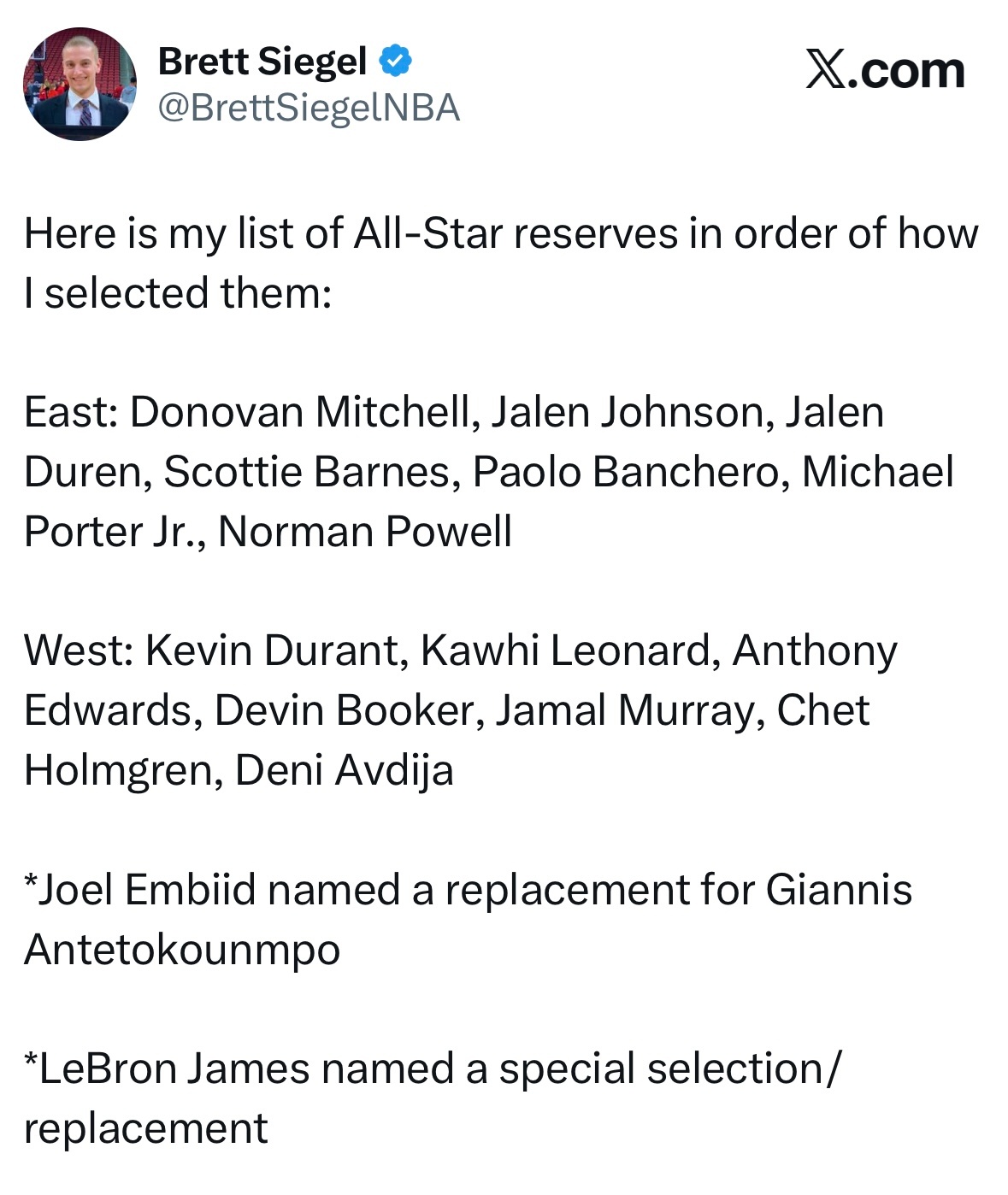 记者Brett Siegel谈他选出的全明星替补阵容：东部：多诺万-米切尔、杰伦
