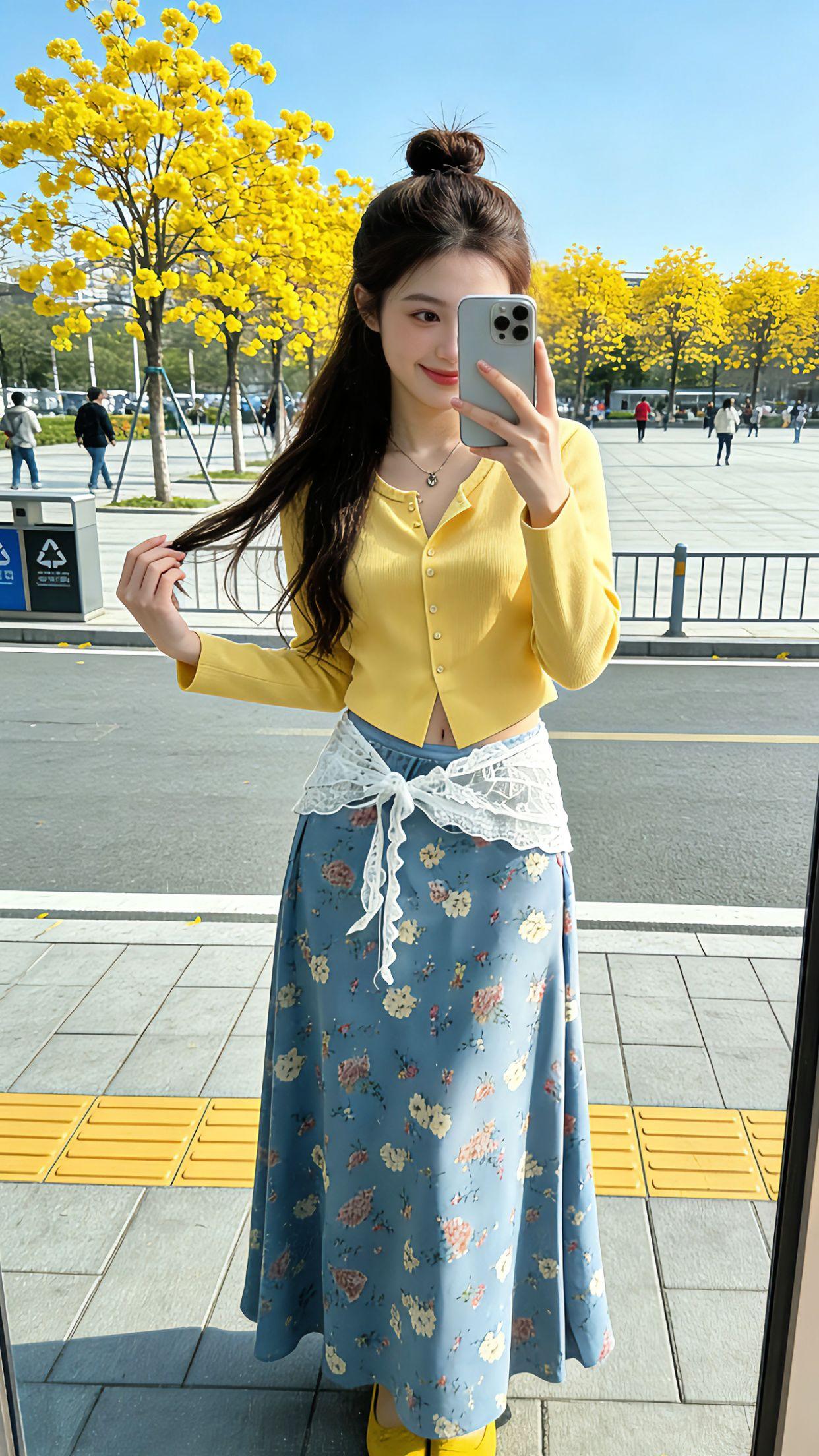 走在开满黄花风铃木的街头，这套韩系春日套装太戳我了！奶黄色针织开衫温柔显白，短款
