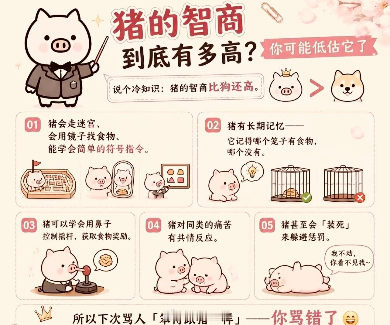 猪的认知能力相当于3岁人类儿童，比狗还聪明。它会用鼻子操控摇杆玩电子游戏，正确率