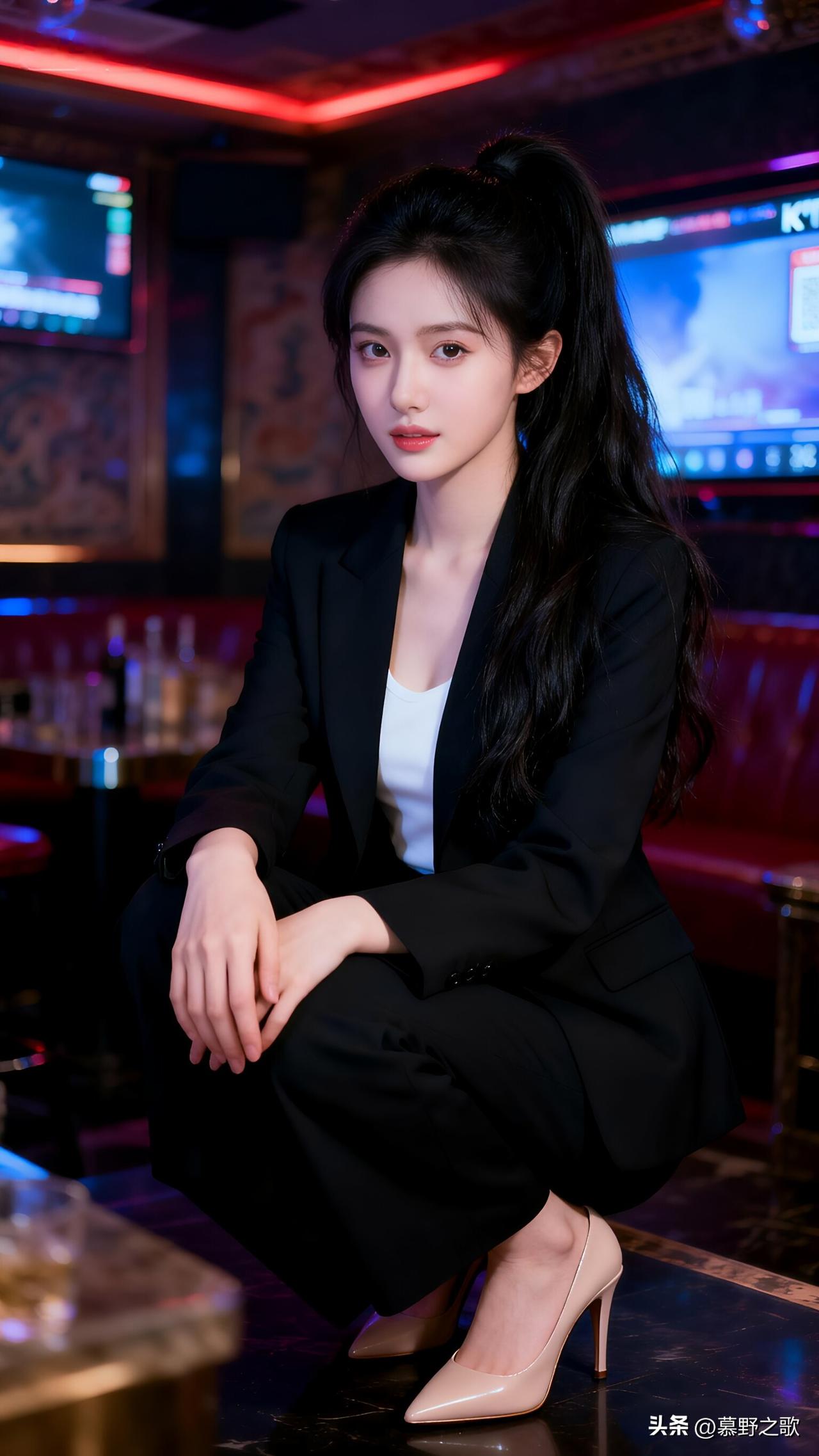 黑西装杀，是又美又飒的姐姐
霓虹KTV里，黑色西装套装内搭白吊带，高马尾造型，裸