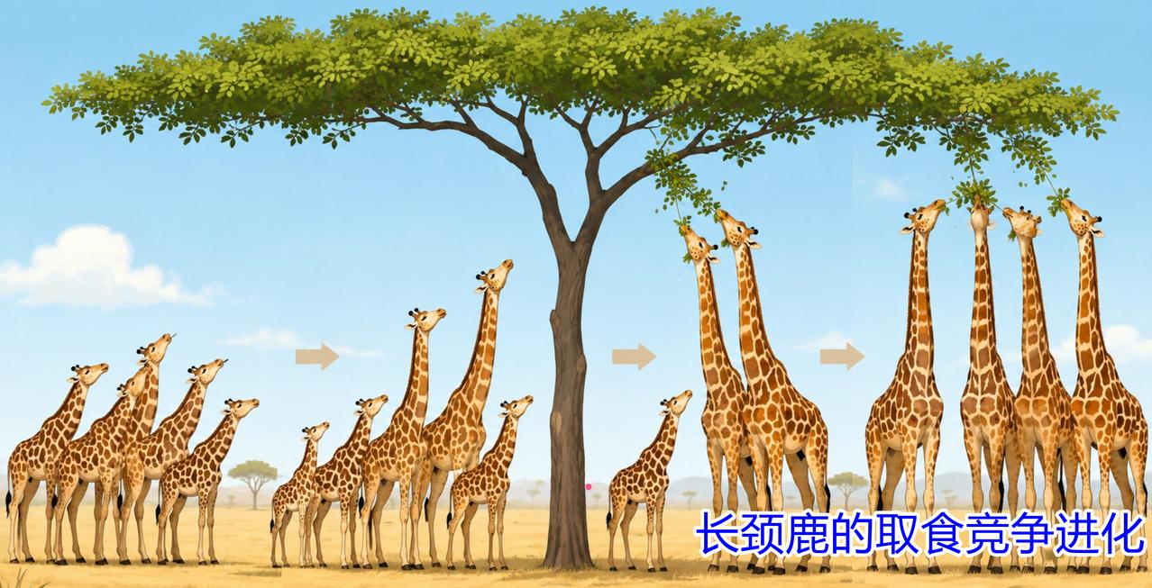 长颈鹿的进化有几种代表性假说。拉马克提出的 “用进废退” 假说认为，长颈鹿祖先脖