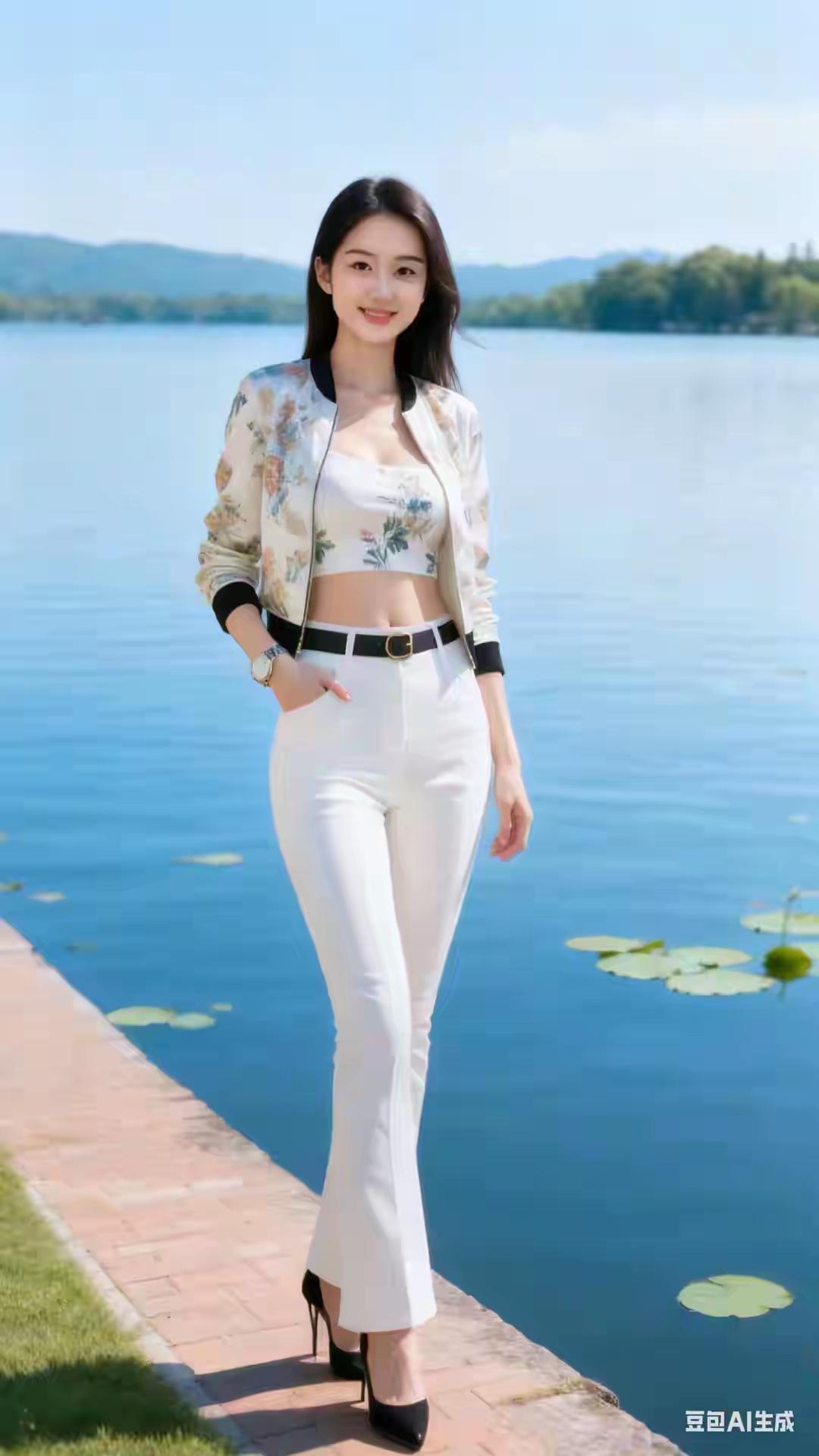 夏日穿搭指南：清新白裤与印花夹克，湖边漫步，自在悠然。