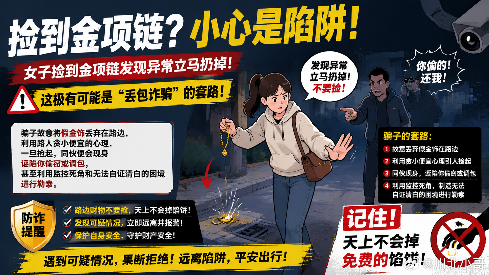 女子捡到金项链发现异常立马扔掉诈骗老套路，遇到贪小便宜的极容易中招，作案手段一般