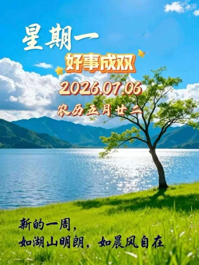 ☀️²⁰²⁶/7. 6.  农历六月廿二💐周一平安，快乐顺心! 🌷🍎🌹✍