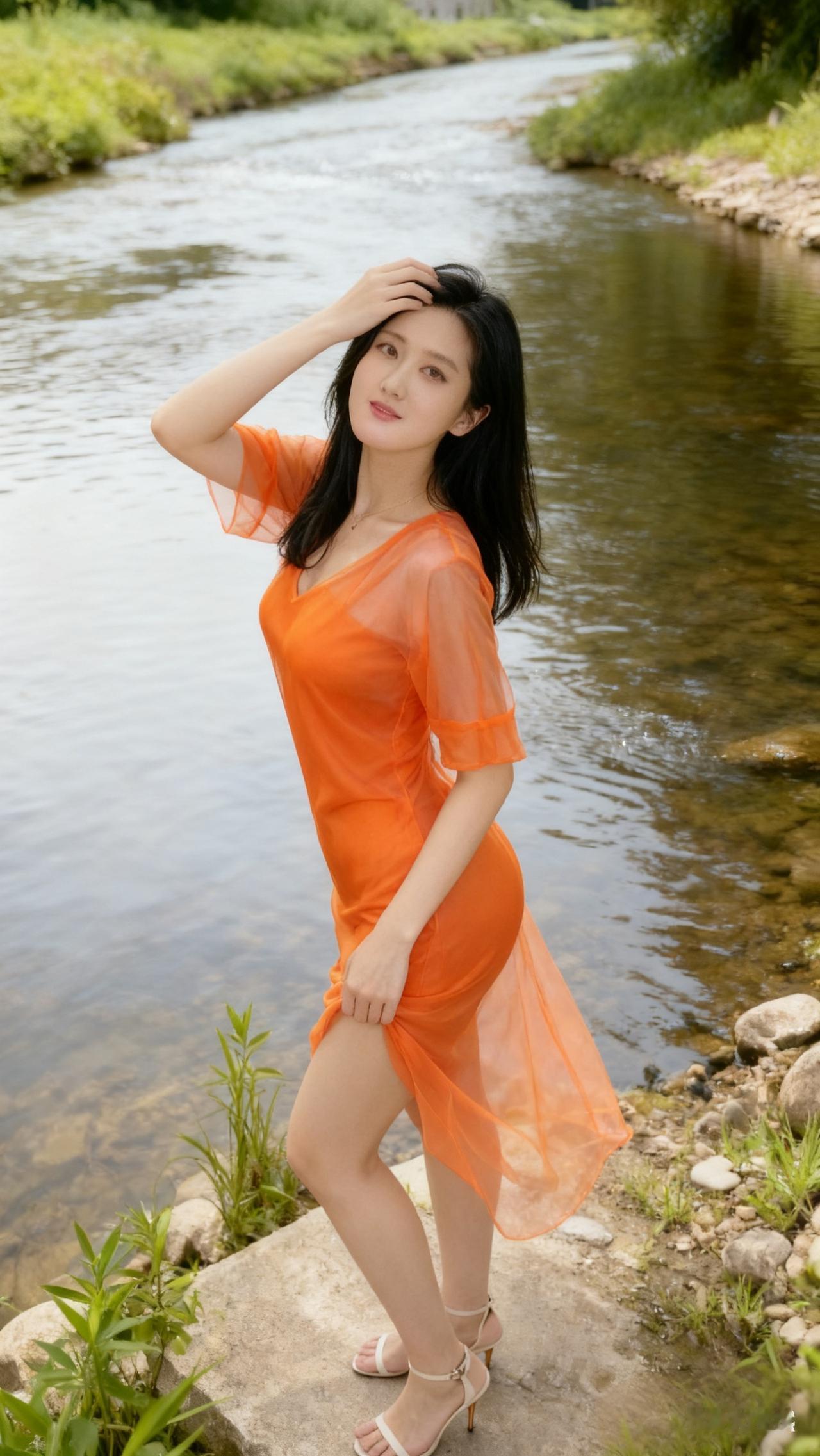 橙色纱裙搭配高跟鞋，享受自然之美有哪些好看的时髦精女神穿搭裙装的款型设计丰富多彩