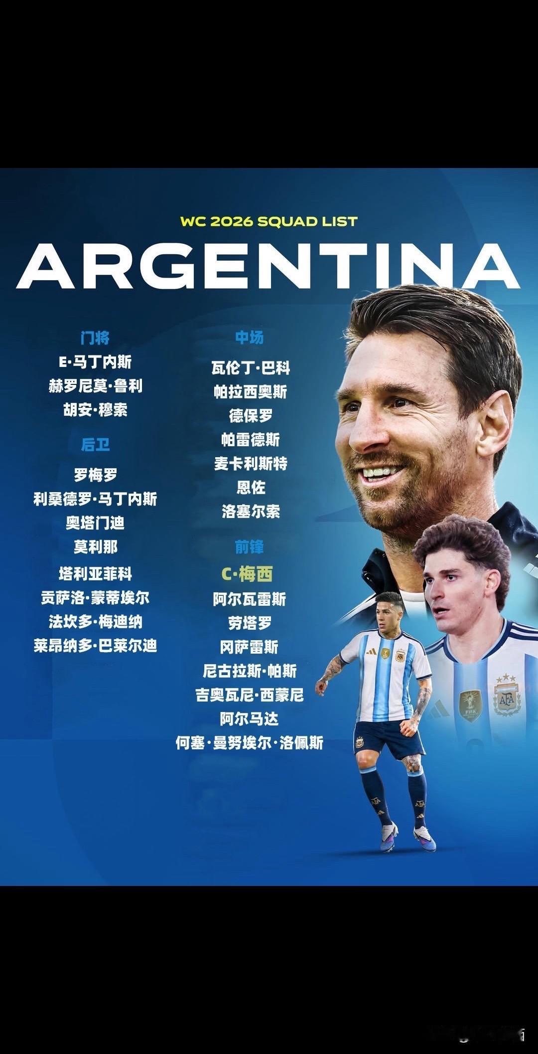 2026世界杯阿根廷26人大名单世界杯2026  梅西