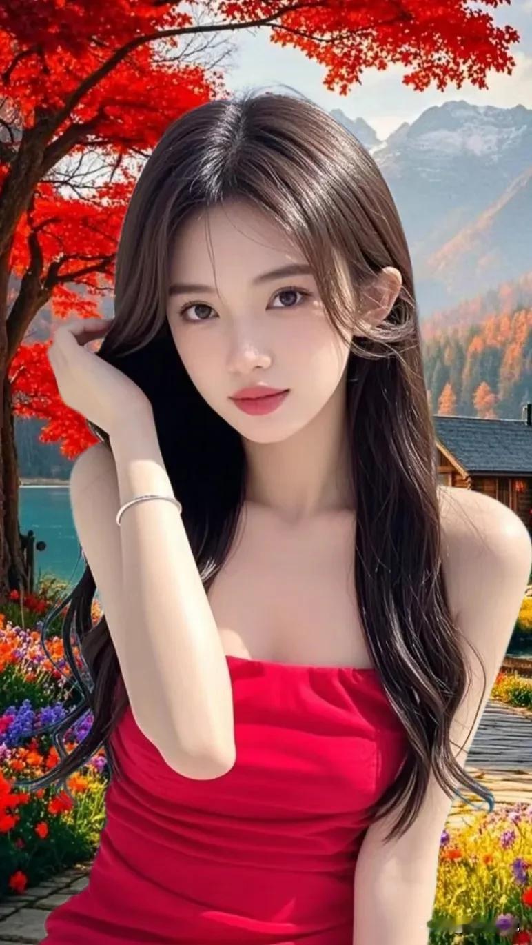 红衣佳人倚秋色，那画面美得像一幅古画。红衣在秋色里特别显眼，仿佛是秋天里的一团火