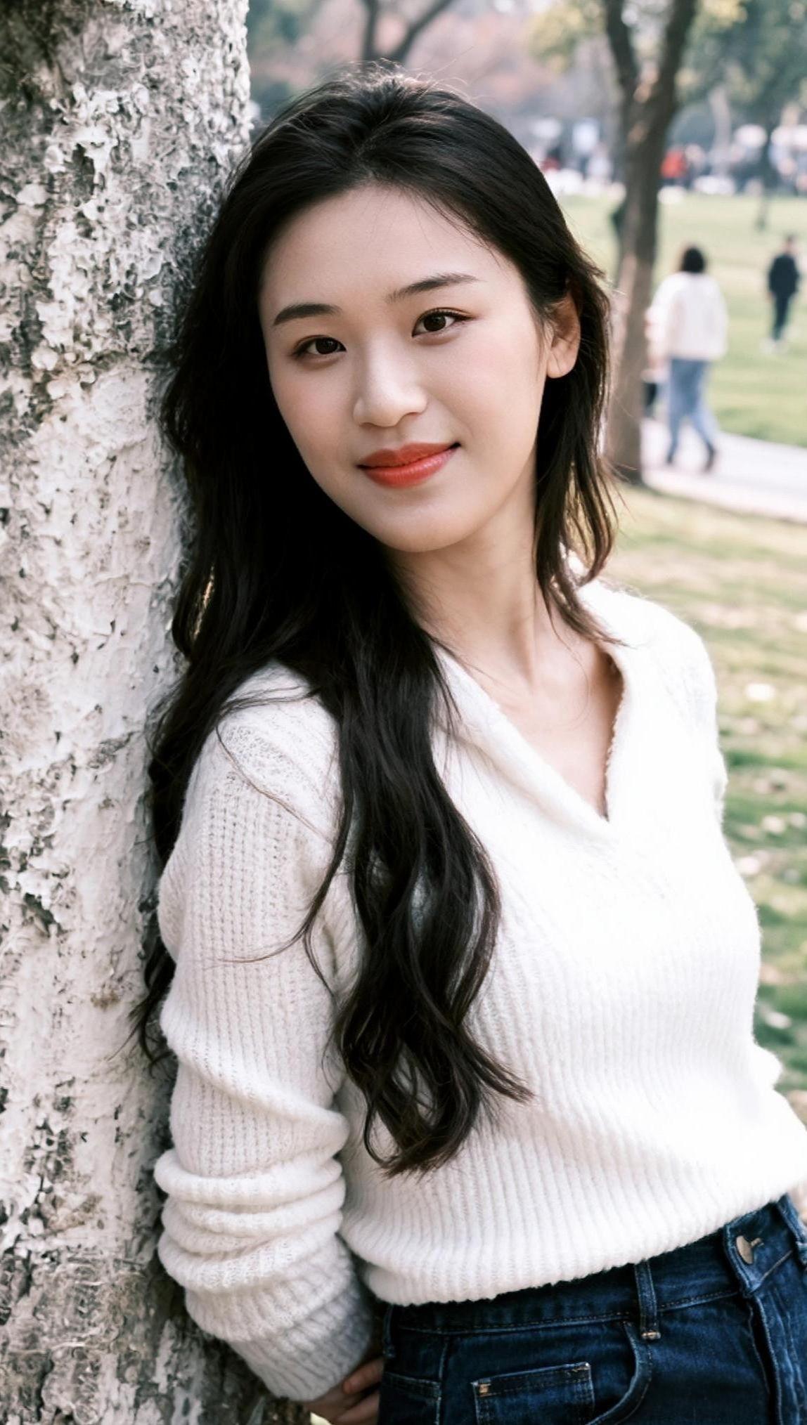 清水芙蓉
素衫轻倚老枝斜，
云鬓风牵软胜纱。
一笑眸中春滟滟，
未施脂粉胜桃花。