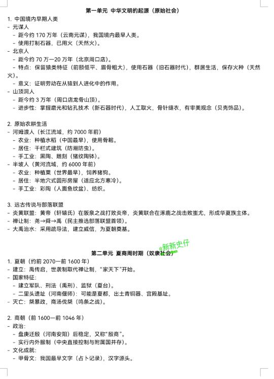 初一/七年级（上）历史知识要点及思维导图