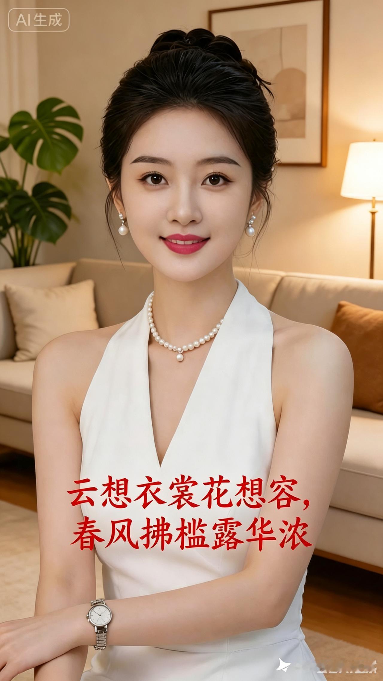 优雅白裙，珍珠闪耀，春日风情，尽显华美。