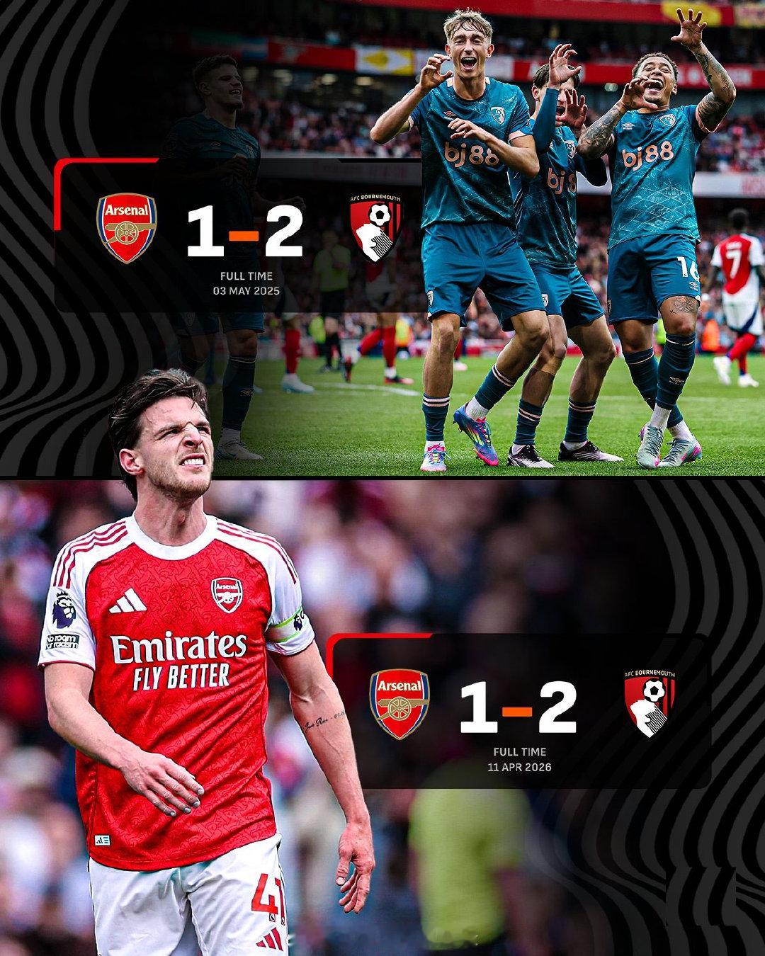 【枪手克星】伯恩茅斯，连续两个赛季在酋长球场，英超客场击败阿森纳，比分都是2比1