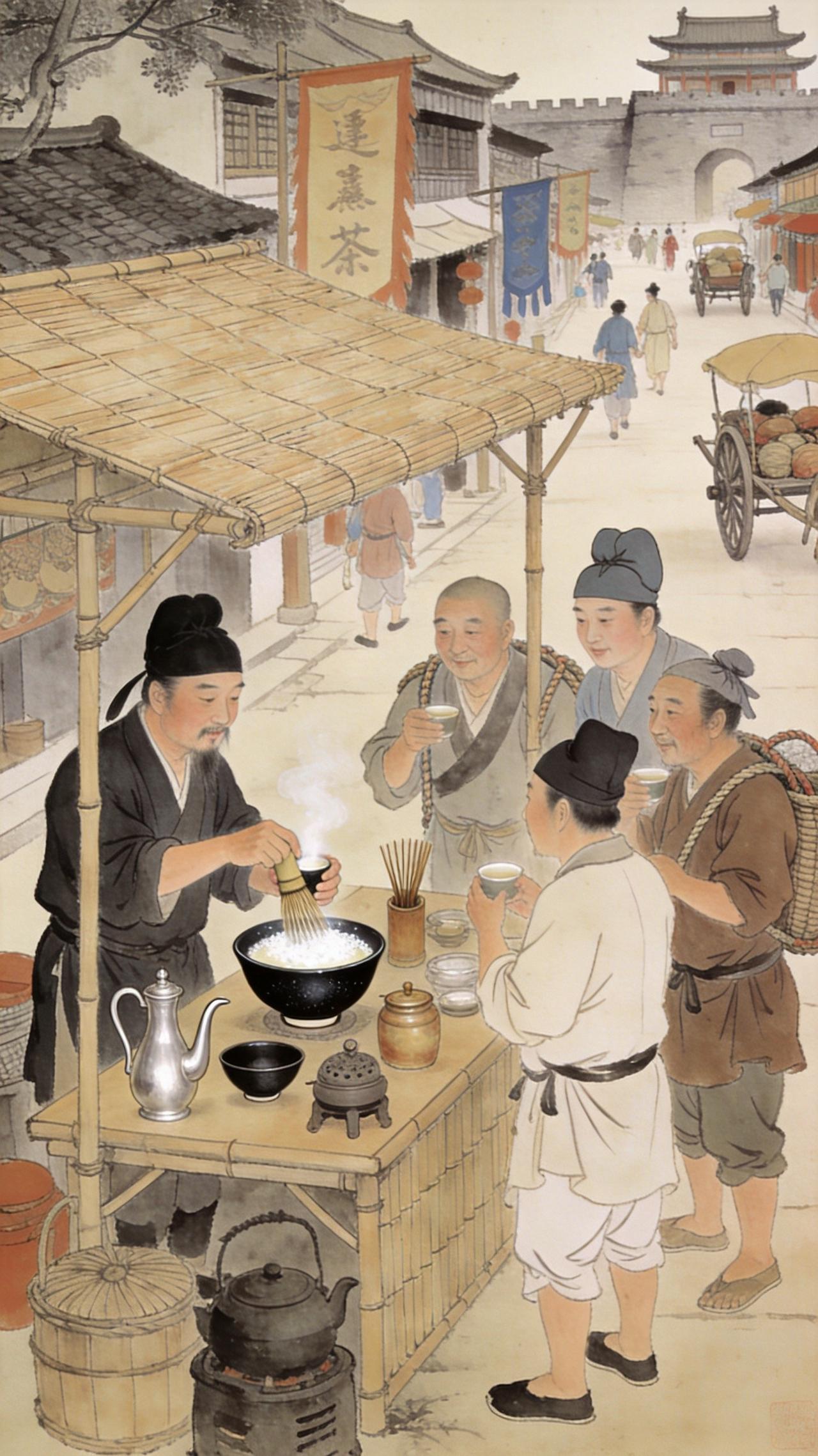 宋朝人的一天，从一碗茶汤开始
早上天还没亮透，早市的茶汤担子已经冒着热气。

挑