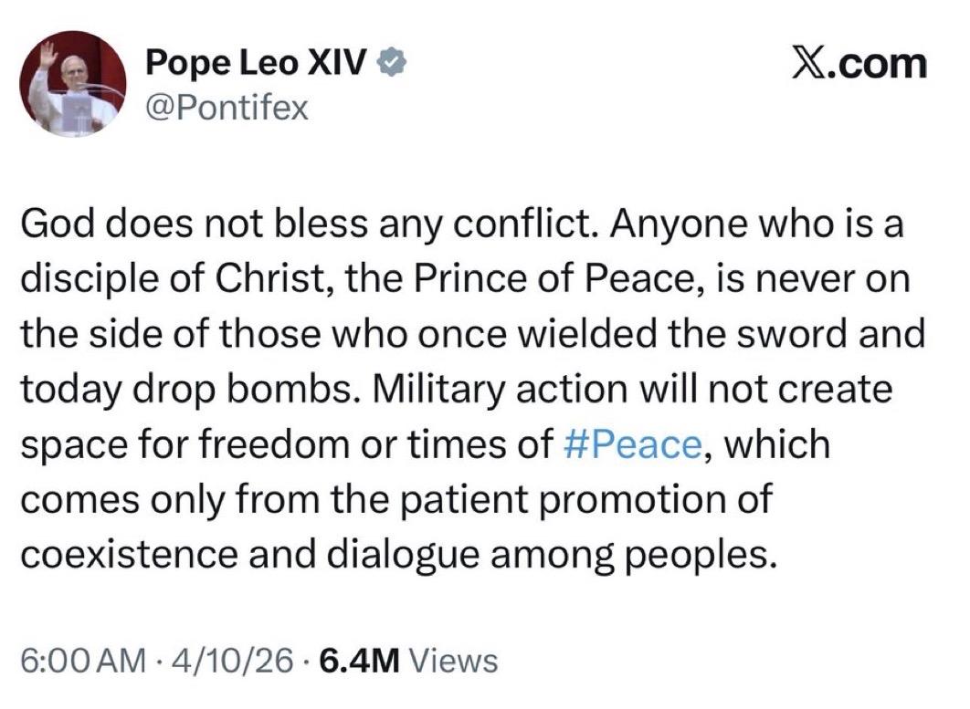 教皇利奥十四世直接打脸满嘴上帝保佑美国打伊朗的川普和赫格塞斯：

“上帝绝不赐福