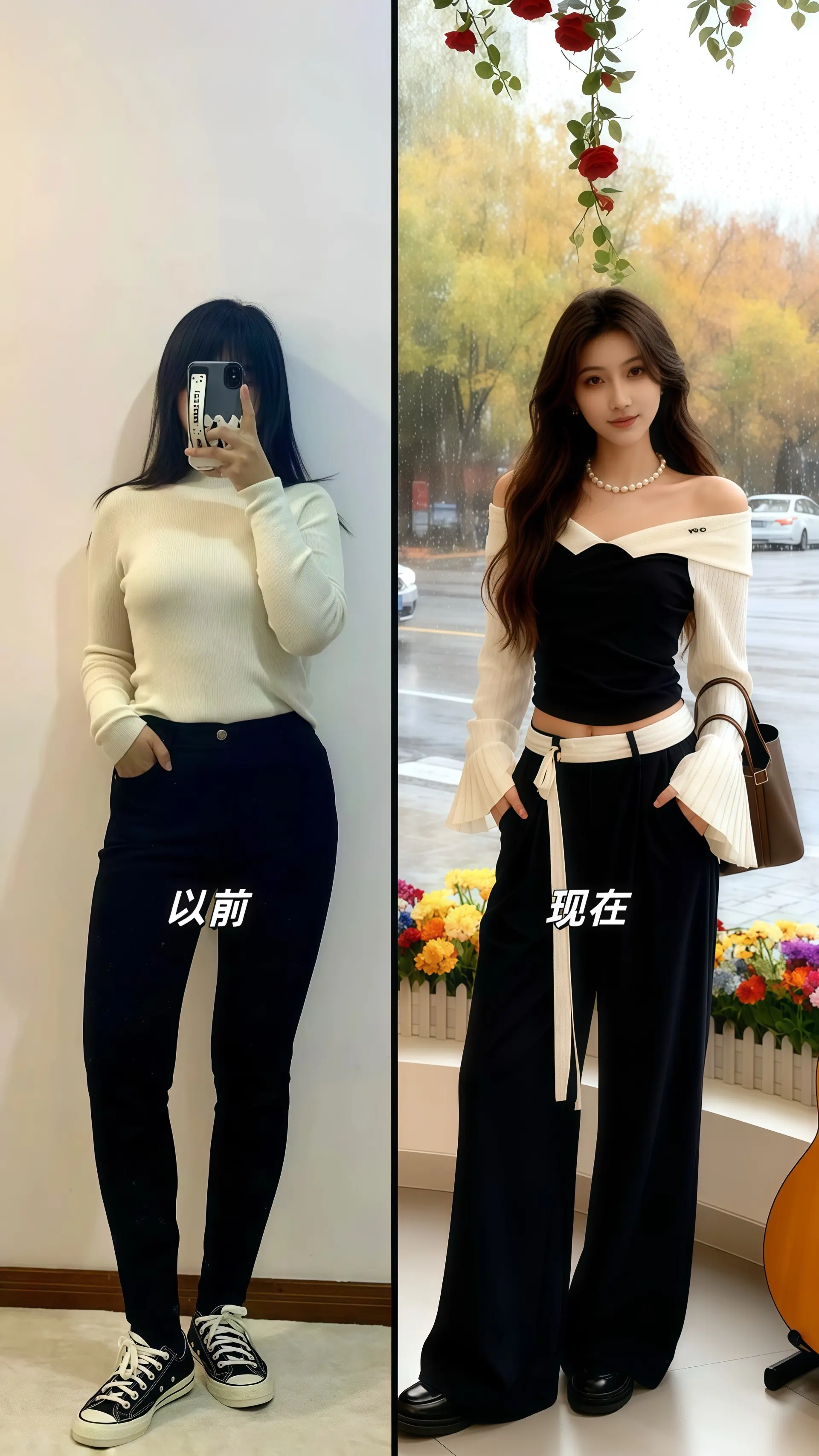 她穿着韩系气质衬衫高腰休闲裤阔腿裤两件套，站在落地窗前，任凭窗外朦胧细...