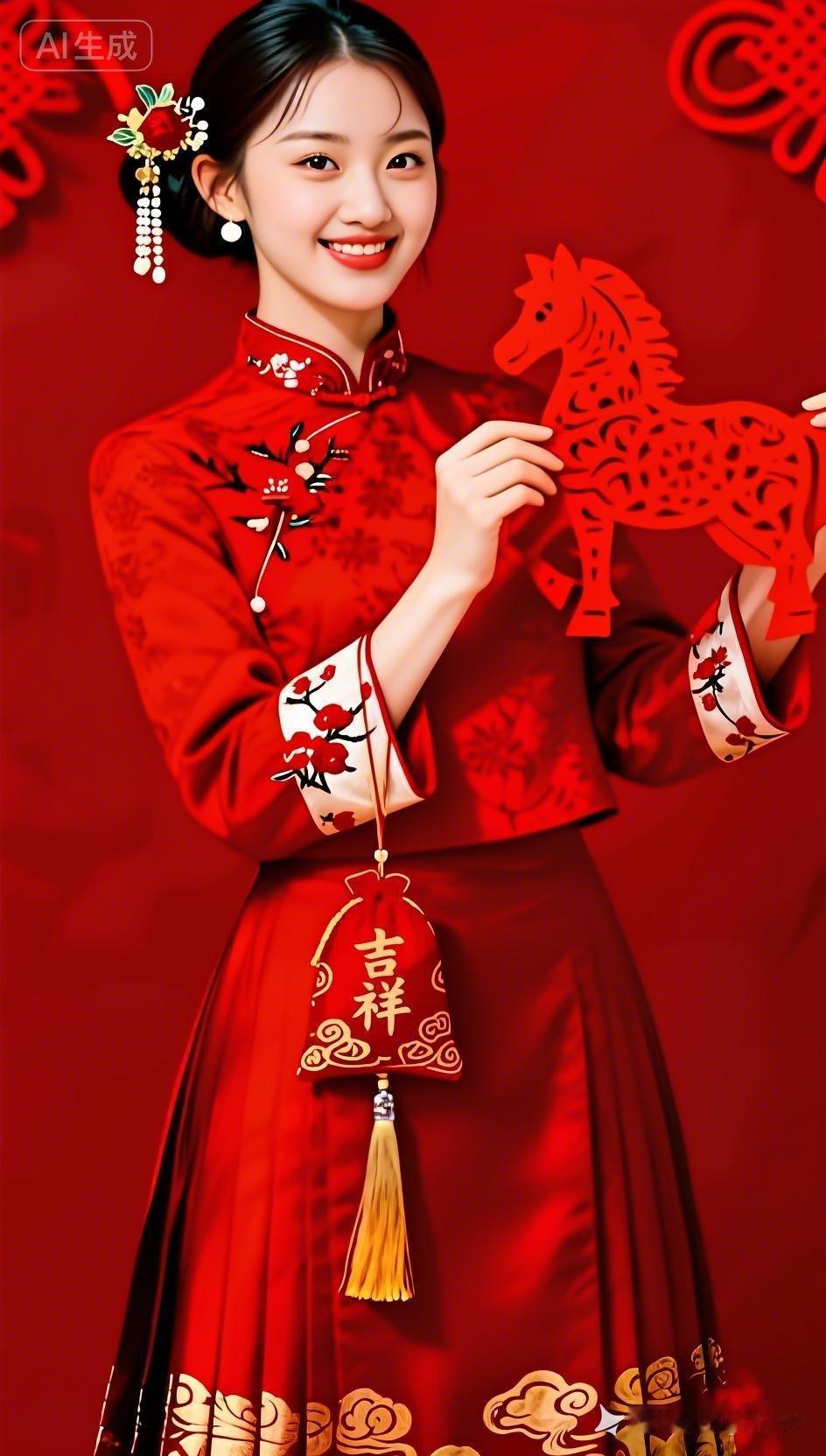 红衣美人捧福马，喜气洋洋迎新春。