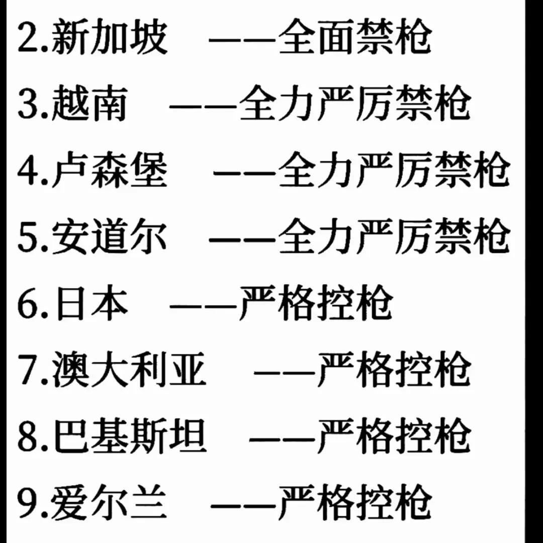 全球枪支管制最为严格的十个国家中，中国排名第一，其次是新加坡、越南、卢森堡等国家