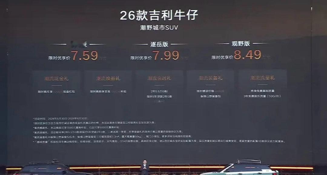 【新款吉利牛仔正式上市 限时优享价7.59万元起】5月30日，新款吉利牛仔正式上