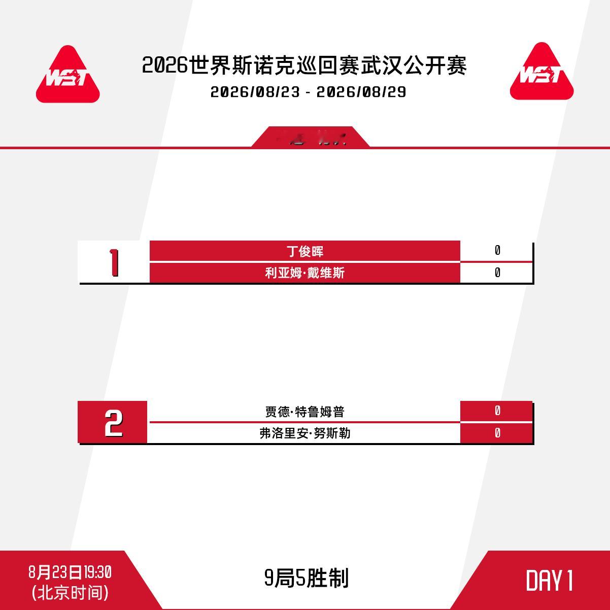 2026斯诺克武汉公开赛 明日开赛！首日赛程安排如下：北京时间9:30，96进6