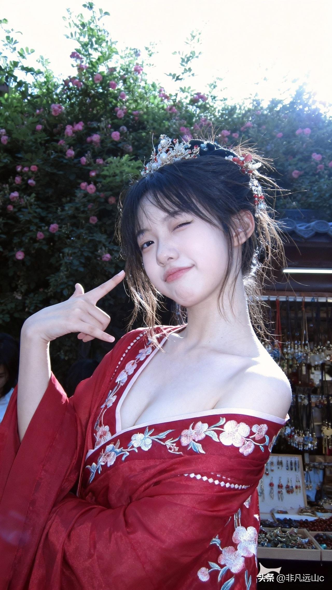 古风少女，花海中的优雅与俏皮