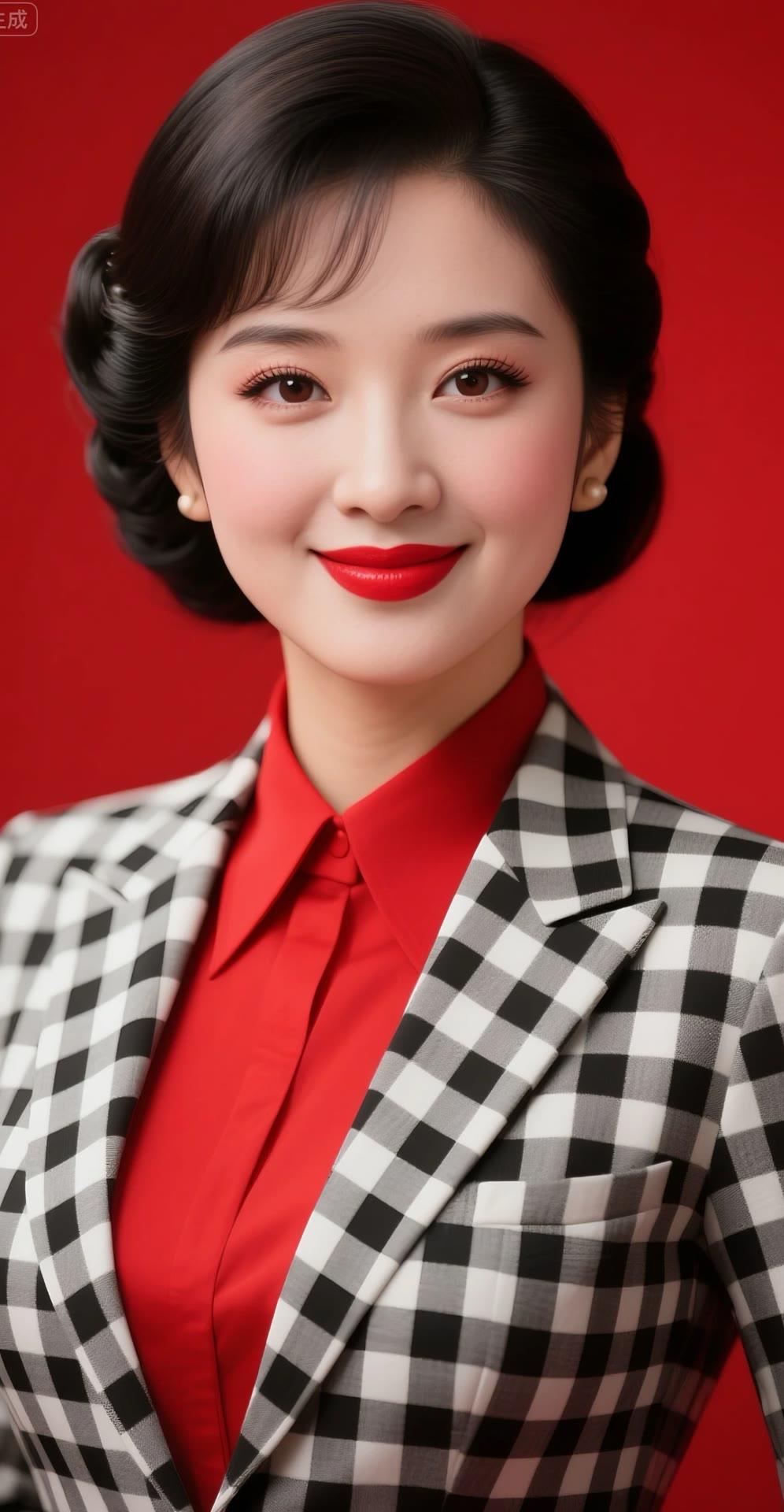 优雅红唇，复古卷发，黑白格纹西装，尽显时尚魅力！